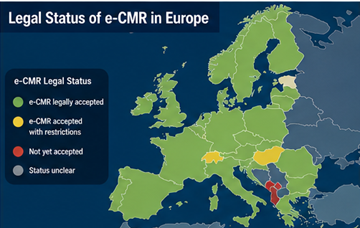 Hartă a Europei care arată țările în care e-CMR este acceptat legal pentru documente digitale de transport