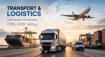 Proces de transport și logistică ce arată camioane, depozite și mărfuri în mișcare prin Europa, lanț de aprovizionare